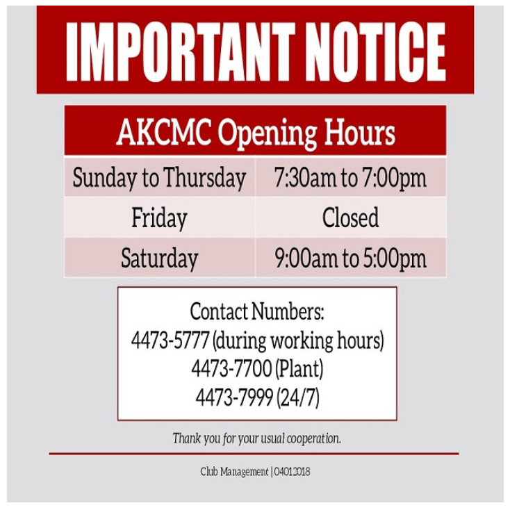 AKCMC Opening Hours 2018