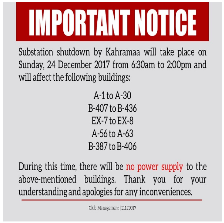 Important Notice: Kahramaa Substation Shutdown