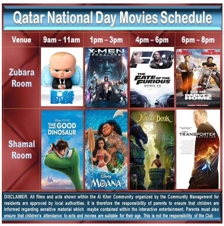 Qatar National Day 2017: Movies Schedule
