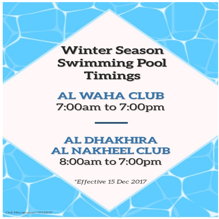 Winter Season Swimming Pool Timings 2017