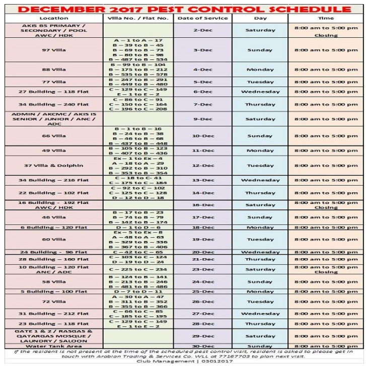 December 2017 Pest Control Schedule