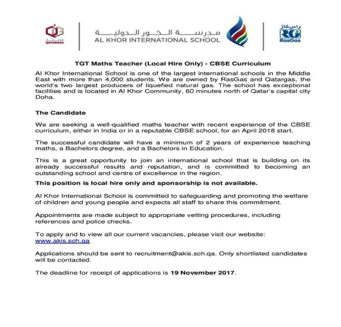 AKIS Vacancy: TGT Maths Teacher - CBSE Curriculum