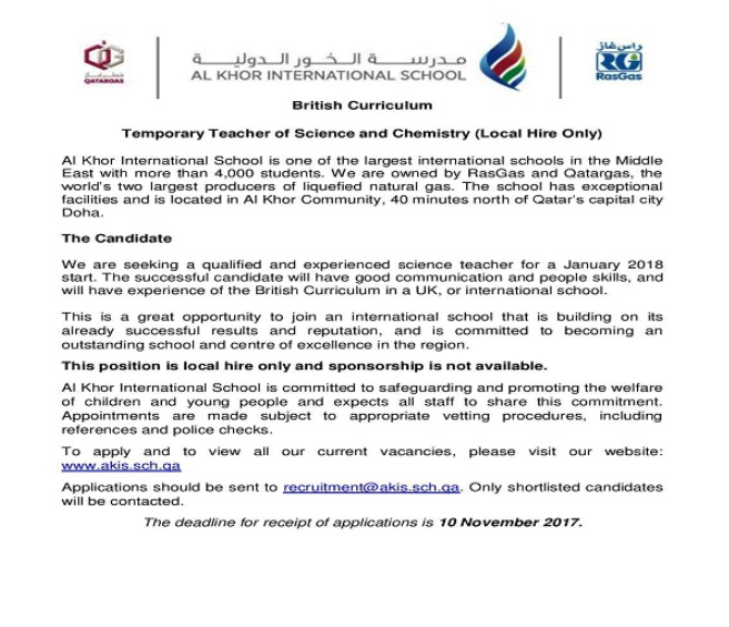 AKIS Vacancy: Temporary Teacher of Science and Chemistry (Local Hire Only)