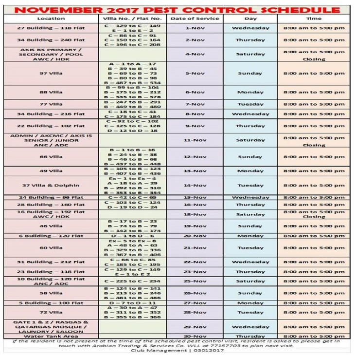 November 2017 Pest Control Schedule