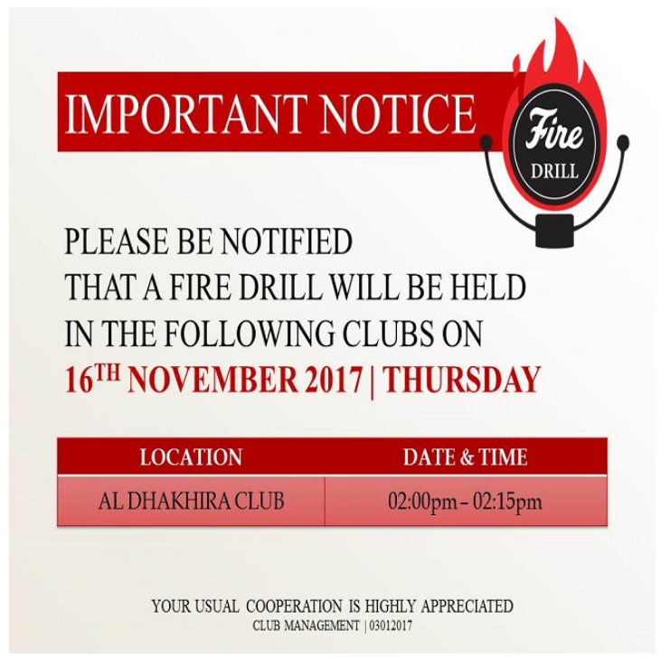 Important Notice: Fire Drill - November 2017