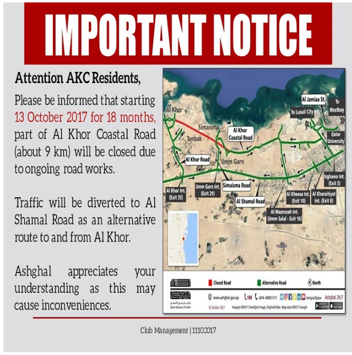 mportant Notice: Road Closure - Part of Al Khor Coastal Road