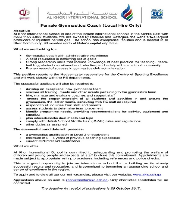 AKIS Vacancy: Female Gymnastics Coach (Local Hire Only)