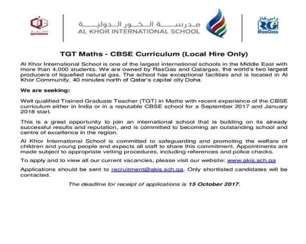 AKIS Vacancy: TGT Maths - CBSE Curriculum (Local Hire Only)