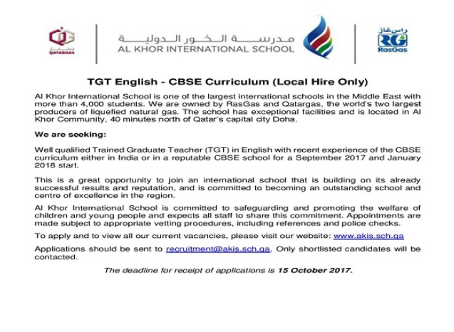 AKIS Vacancy: TGT English - CBSE Curriculum (Local Hire Only)