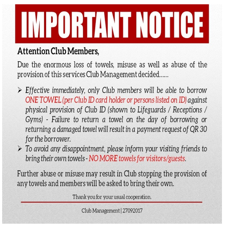 Towel Notice - September 2017