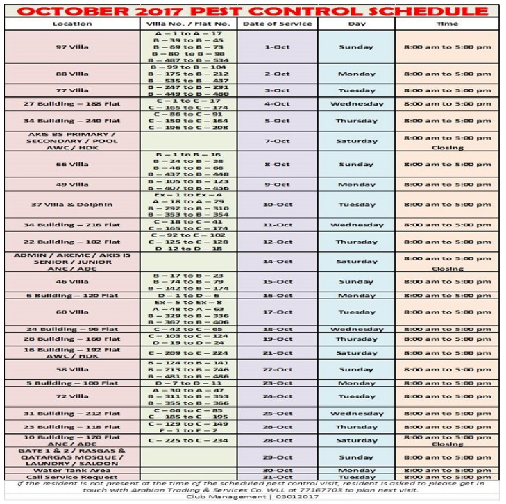 October 2017 Pest Control Schedule
