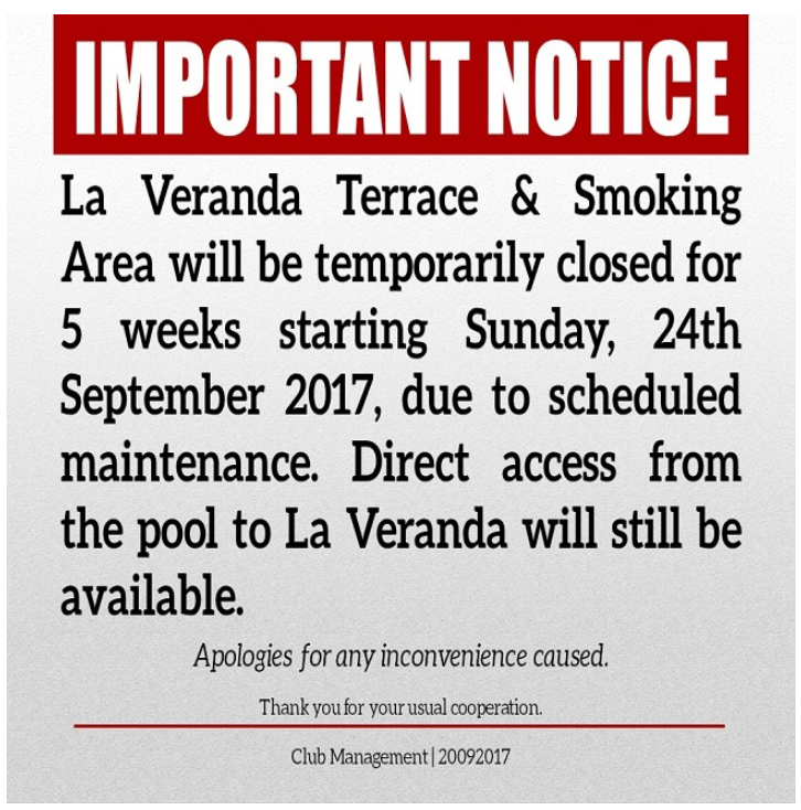 Important Notice: La Veranda Terrace Closure