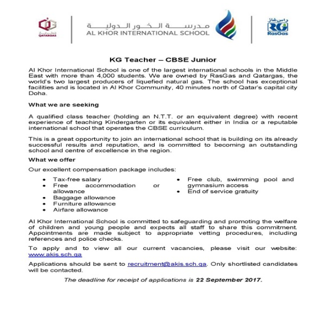 AKIS Vacancy: KG Teacher - CBSE Junior