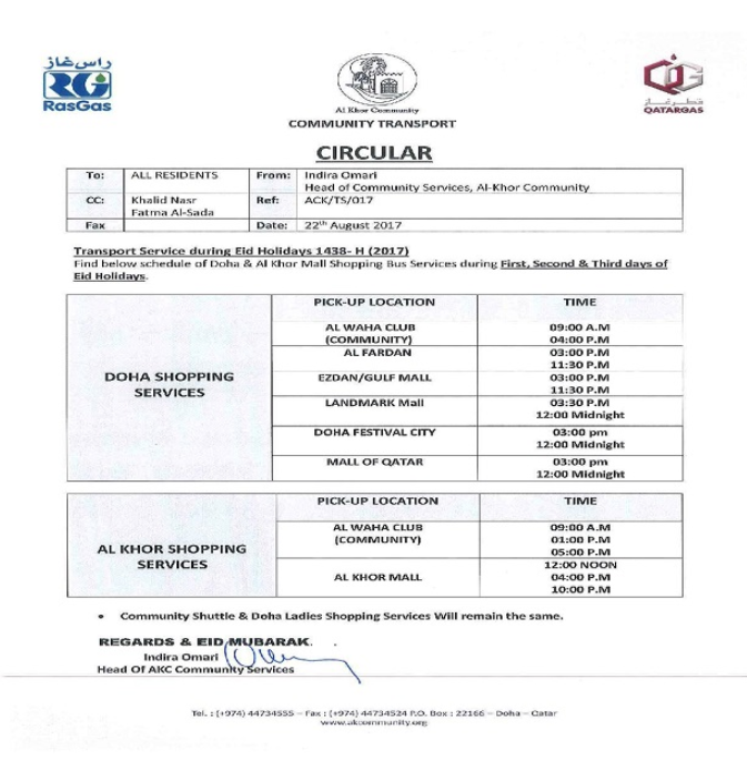 Eid Al Adha 2017: Schedule of Shopping Bus Services