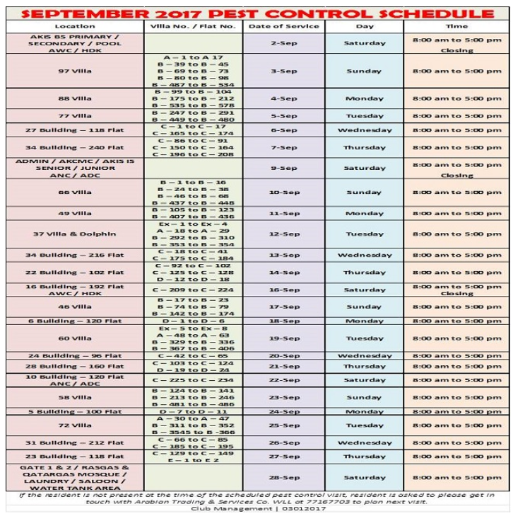 September 2017 Pest Control Schedule