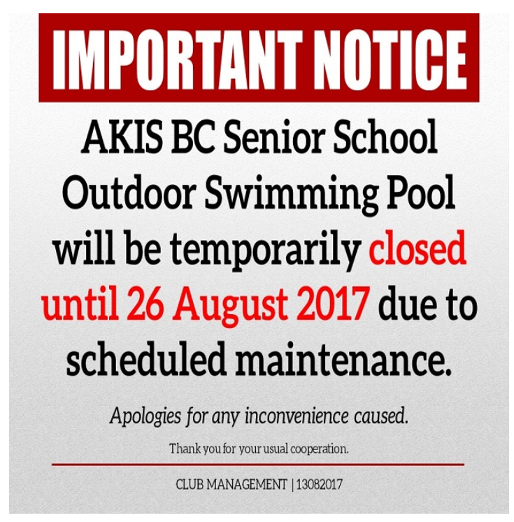 Important Notice: AKIS BC Senior School Outdoor Swimming Pool Temporary Closure